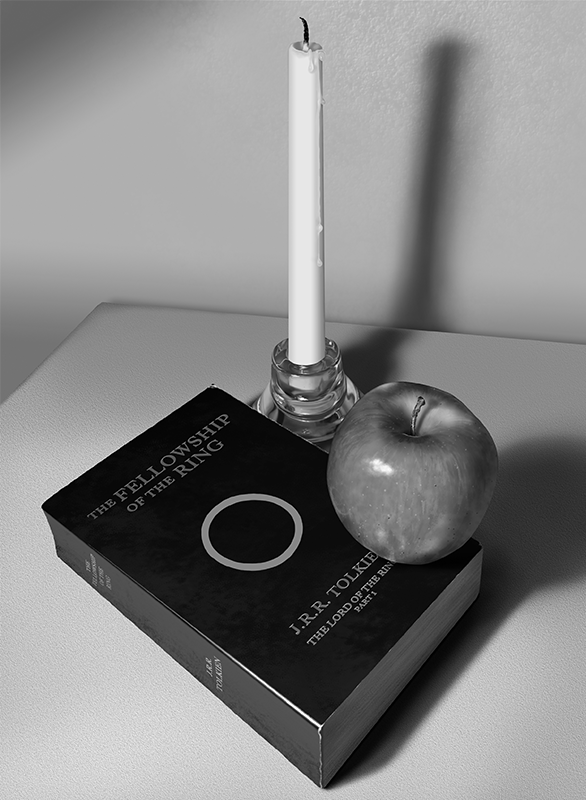 digital painting still life of book, candle and apple